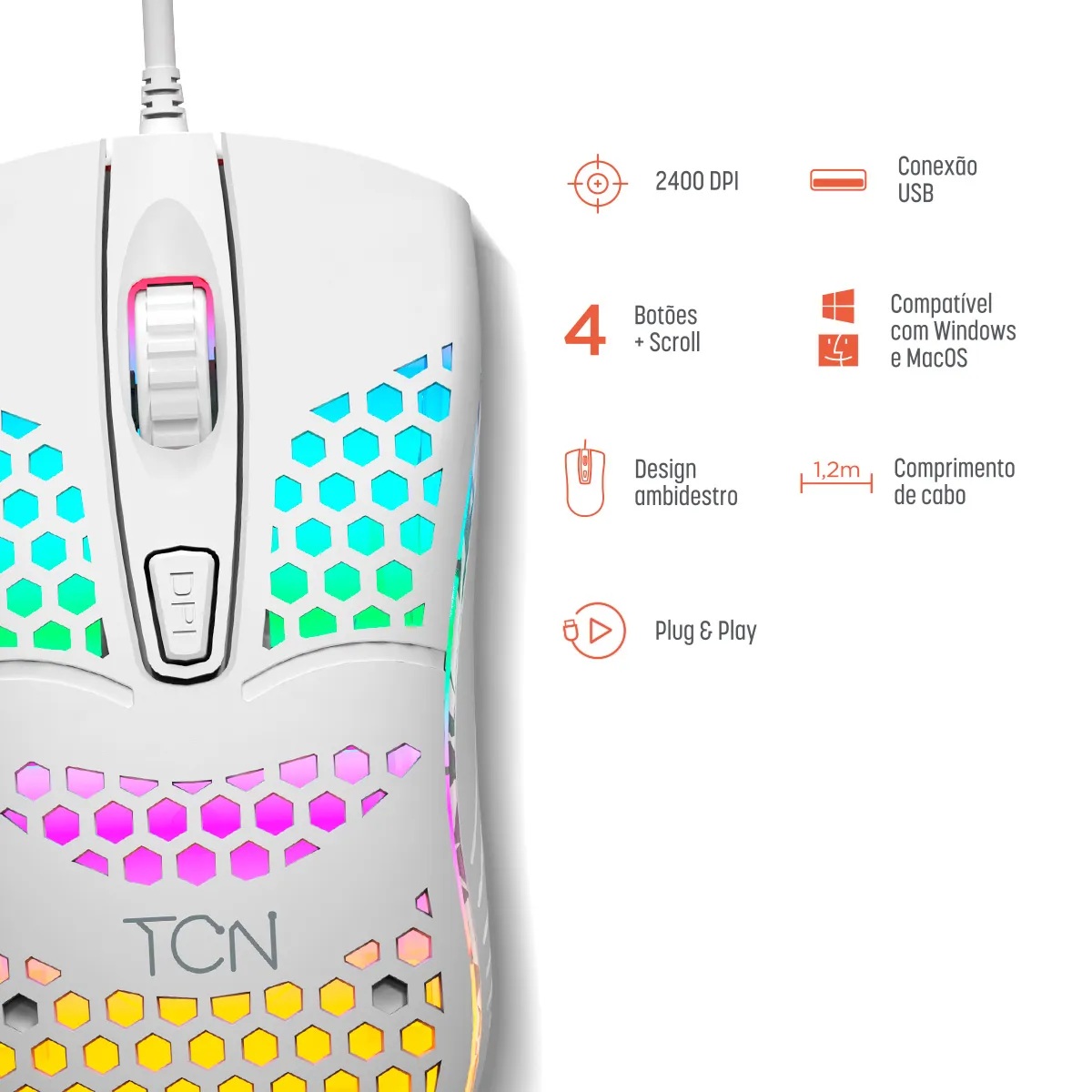 Mouse Gamer USB TCN, Óptico, 2400dpi, 4 botões, Branco - Imagem 3
